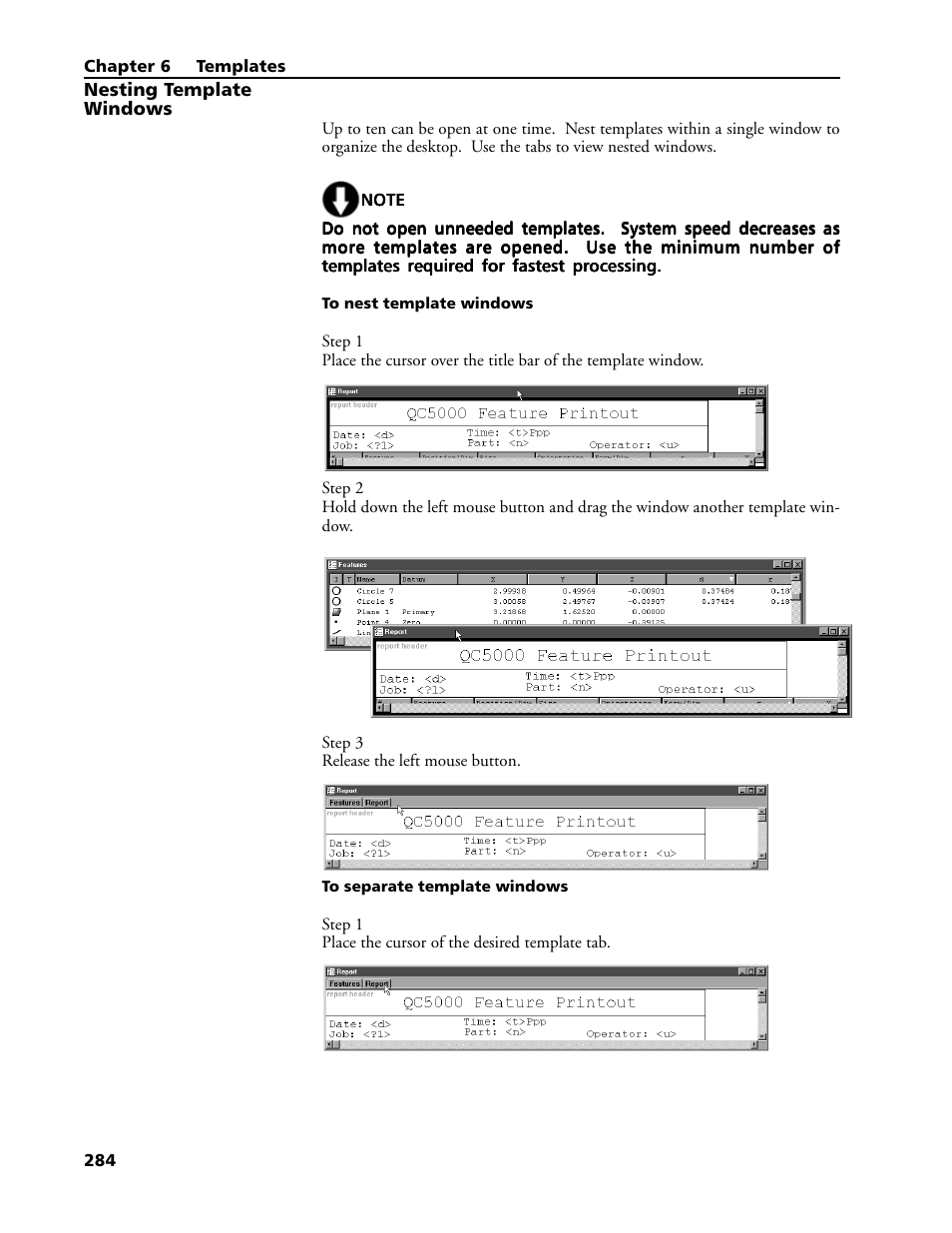 Nesting template, Windows, To nest template windows | To separate template windows, Nesting template windows | HEIDENHAIN IK 5293 User Manual | Page 298 / 407