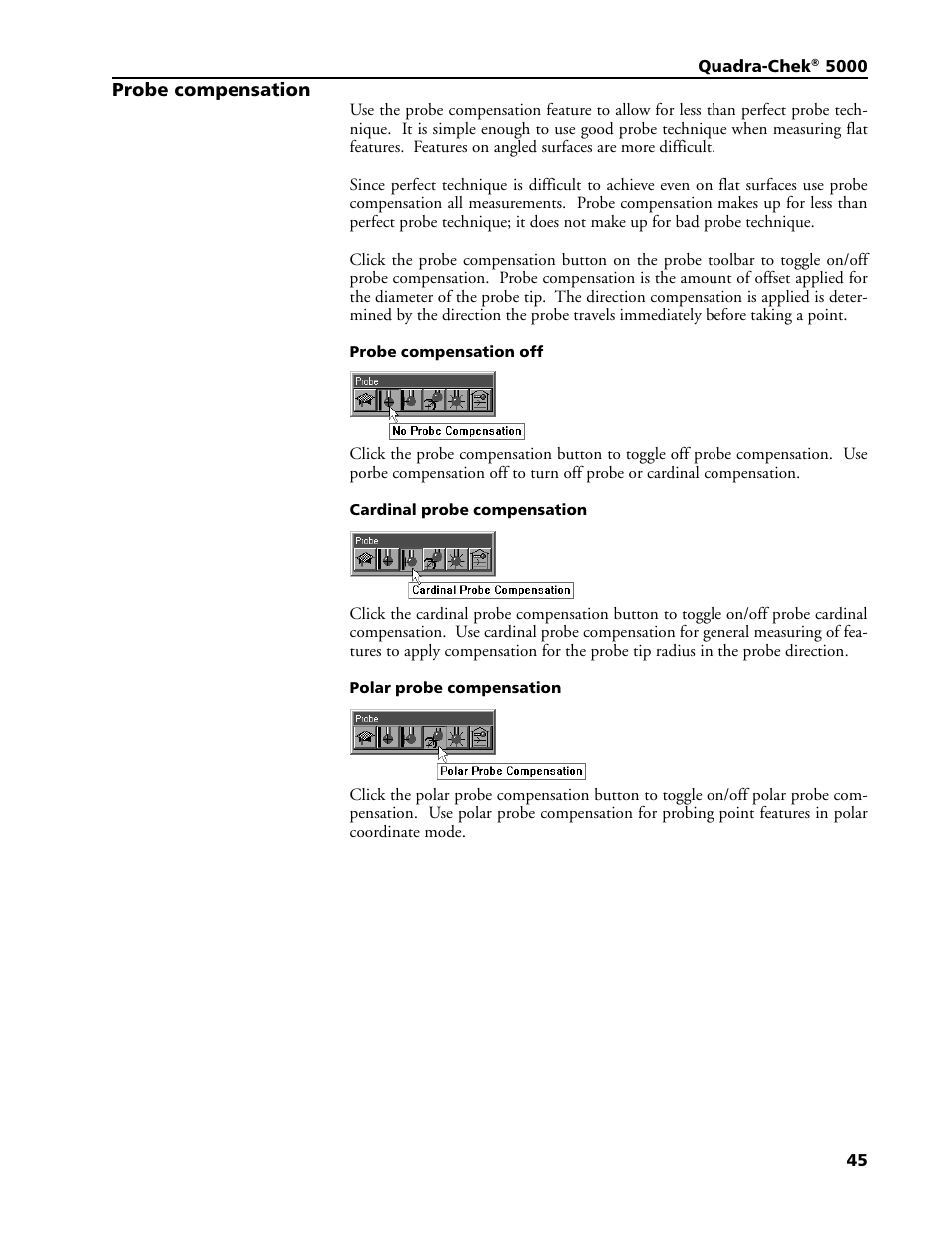 Probe compensation, Probe compensation off, Cardinal probe compensation | Polar probe compensation | HEIDENHAIN IK 5293 User Manual | Page 59 / 407