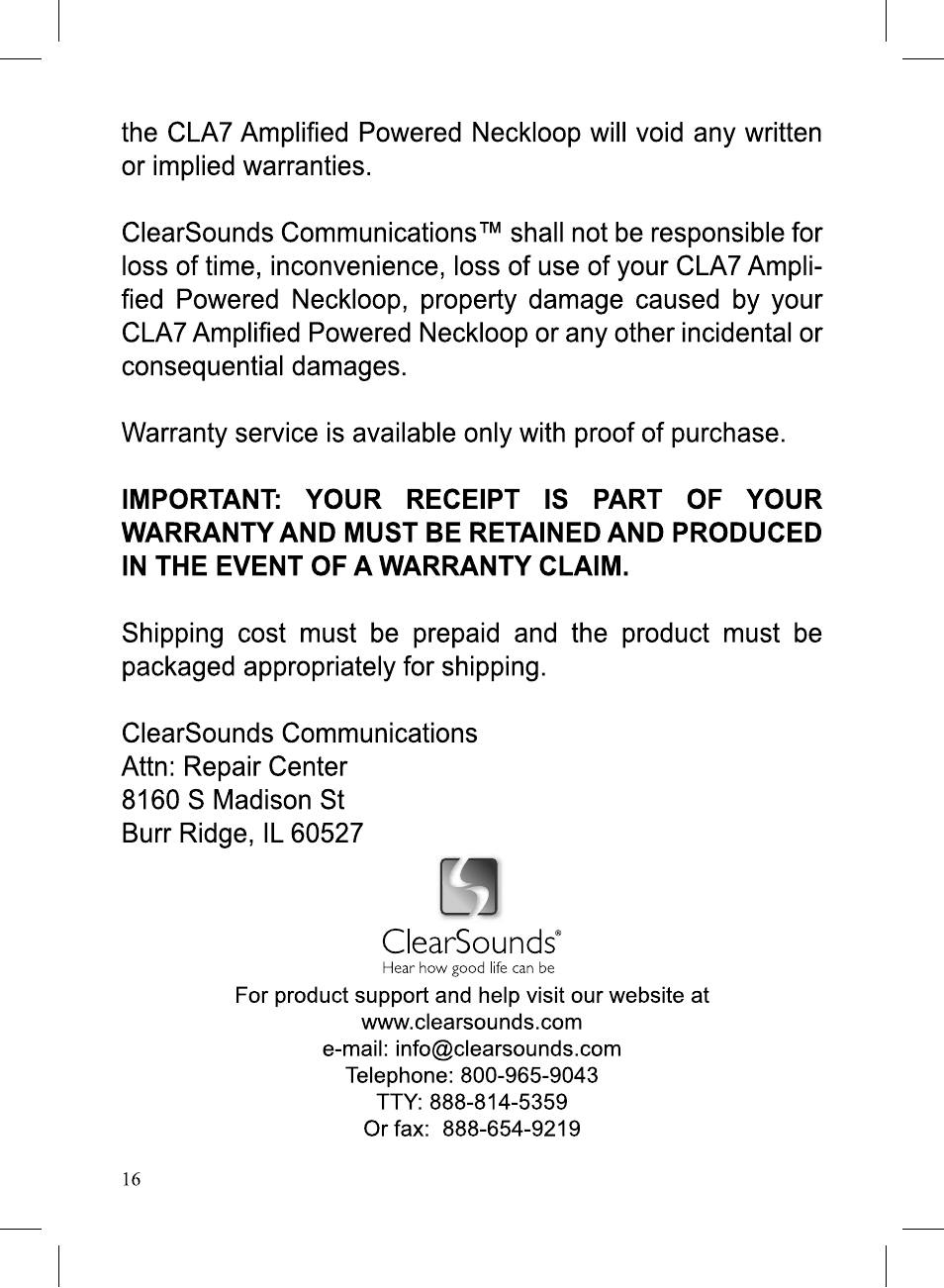ClearSounds NECKLOOP CLA7 User Manual | Page 16 / 48
