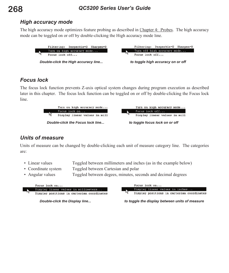 Qc5200 series user’s guide high accuracy mode, Focus lock, Units of measure | HEIDENHAIN IK 5494-2D User Manual | Page 290 / 411
