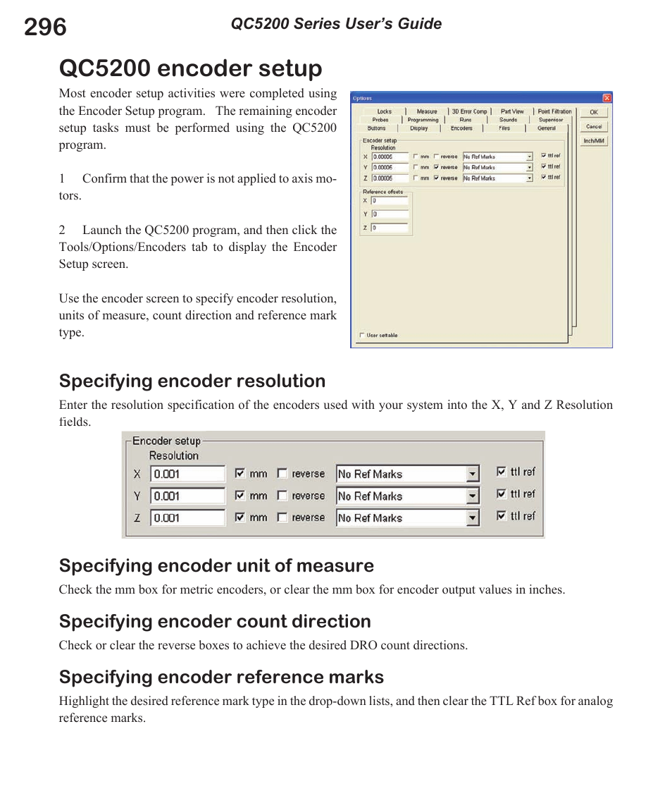 Qc5200 encoder setup, Specifying encoder resolution, Specifying encoder unit of measure | Specifying encoder count direction, Specifying encoder reference marks | HEIDENHAIN IK 5494-2D User Manual | Page 318 / 411