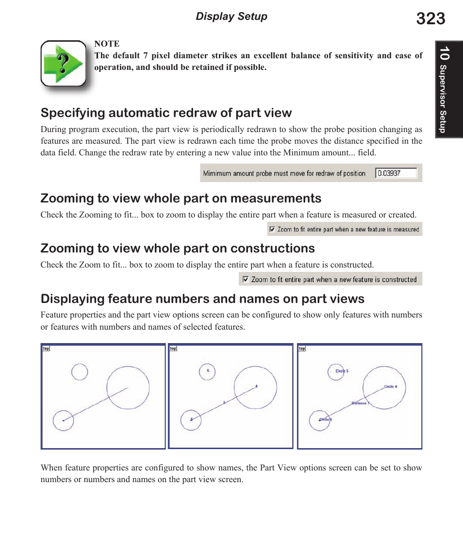 Specifying automatic redraw of part view, Zooming to view whole part on measurements, Zooming to view whole part on constructions | Displaying feature numbers and names on part views | HEIDENHAIN IK 5494-2D User Manual | Page 345 / 411