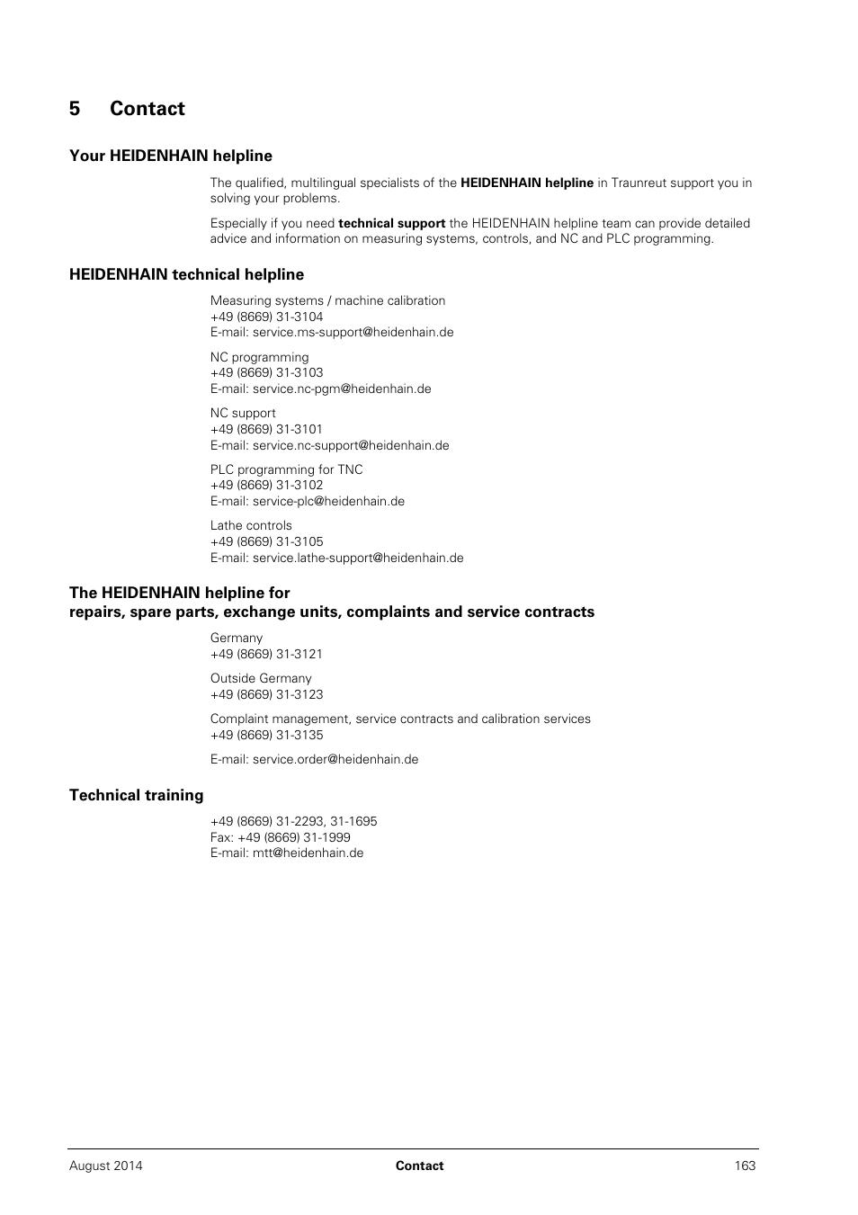 5 contact, Your heidenhain helpline, Heidenhain technical helpline | Technical training, 5 your heidenhain helpline, 5 heidenhain technical helpline, Complaints and service contracts, 5 technical training, 5contact | HEIDENHAIN PWM 20 User Manual | Page 162 / 163