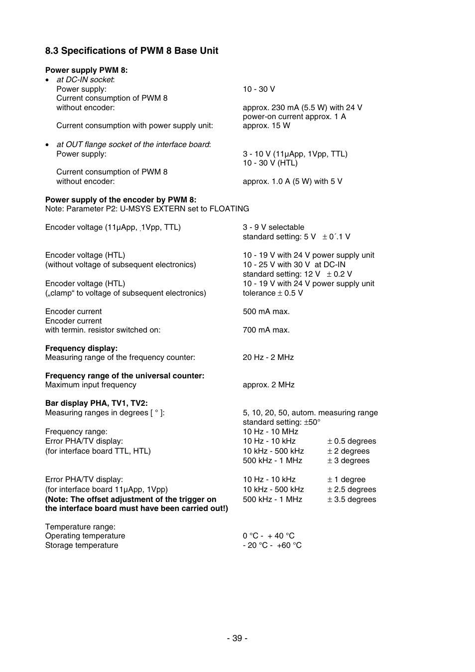 3 specifications of pwm 8 base unit | HEIDENHAIN PWM 8 User Manual | Page 39 / 90