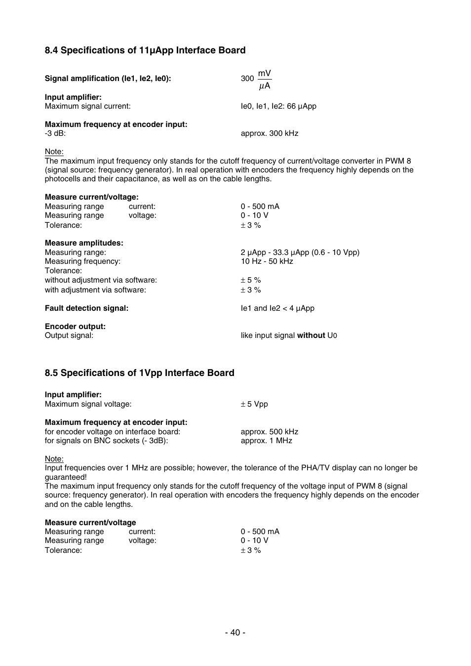 4 specifications of 11µapp interface board, 5 specifications of 1vpp interface board | HEIDENHAIN PWM 8 User Manual | Page 40 / 90