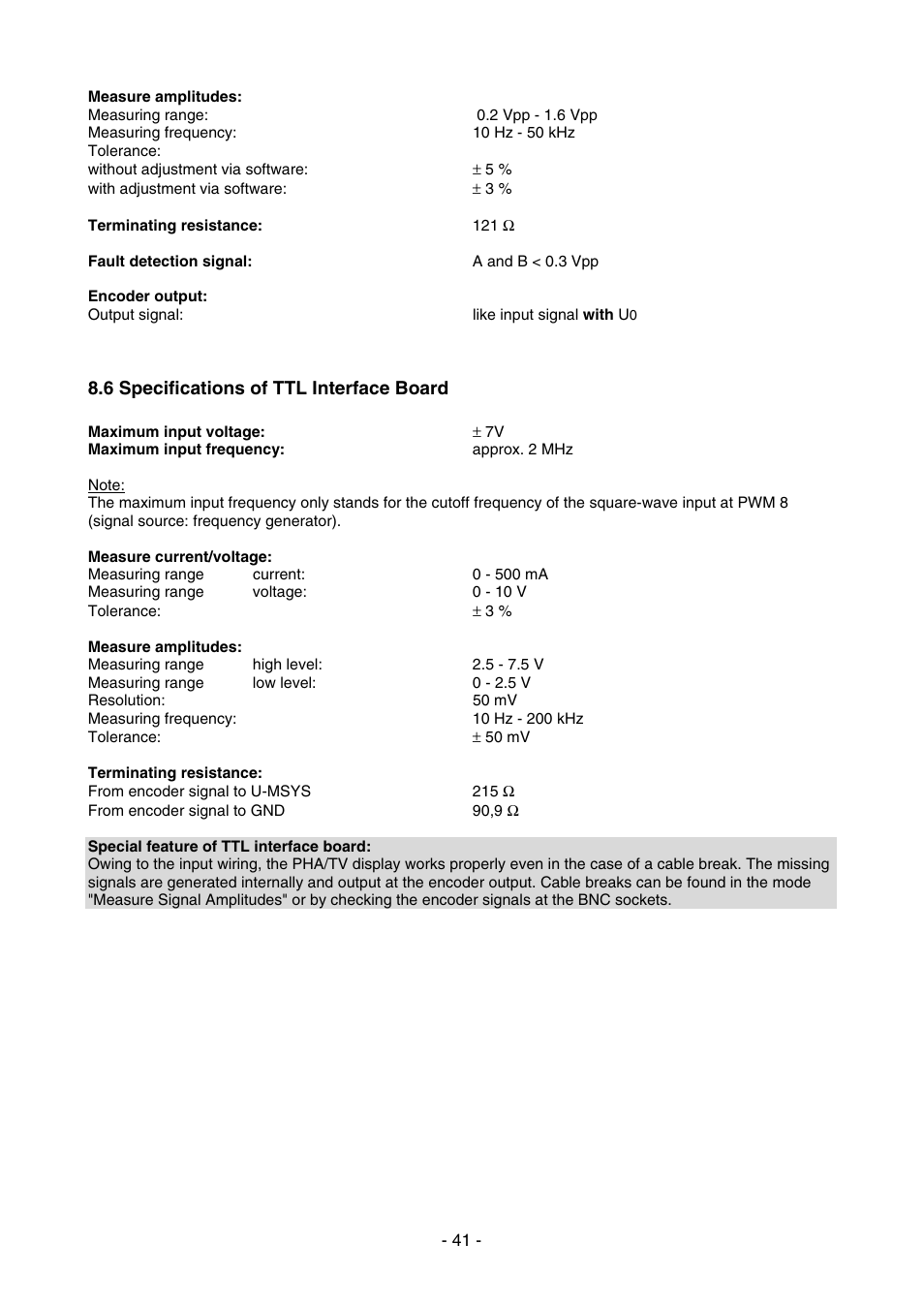 6 specifications of ttl interface board | HEIDENHAIN PWM 8 User Manual | Page 41 / 90