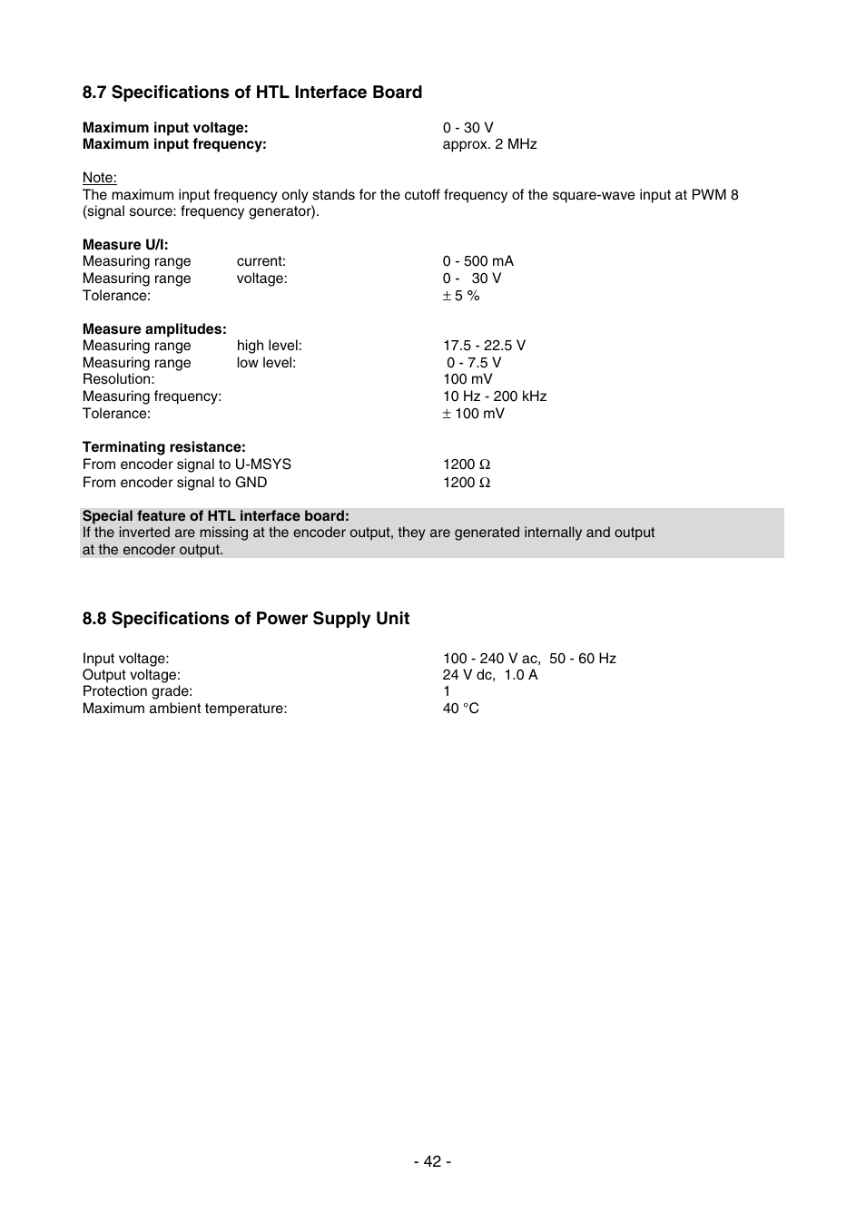 7 specifications of htl interface board, 8 specifications of power supply unit | HEIDENHAIN PWM 8 User Manual | Page 42 / 90