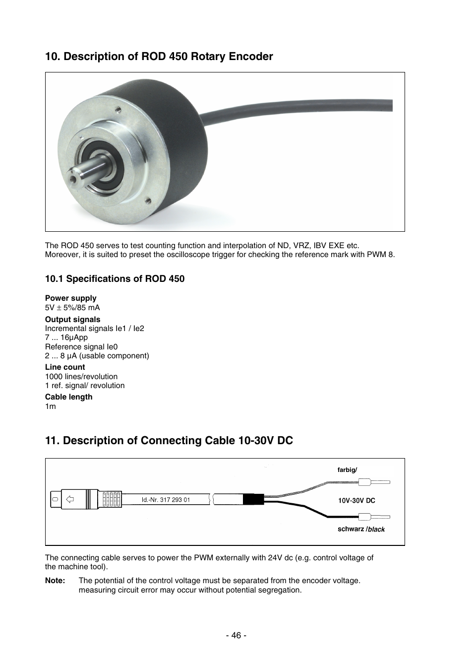 Description of rod 450 rotary encoder, Description of connecting cable 10-30v dc | HEIDENHAIN PWM 8 User Manual | Page 46 / 90