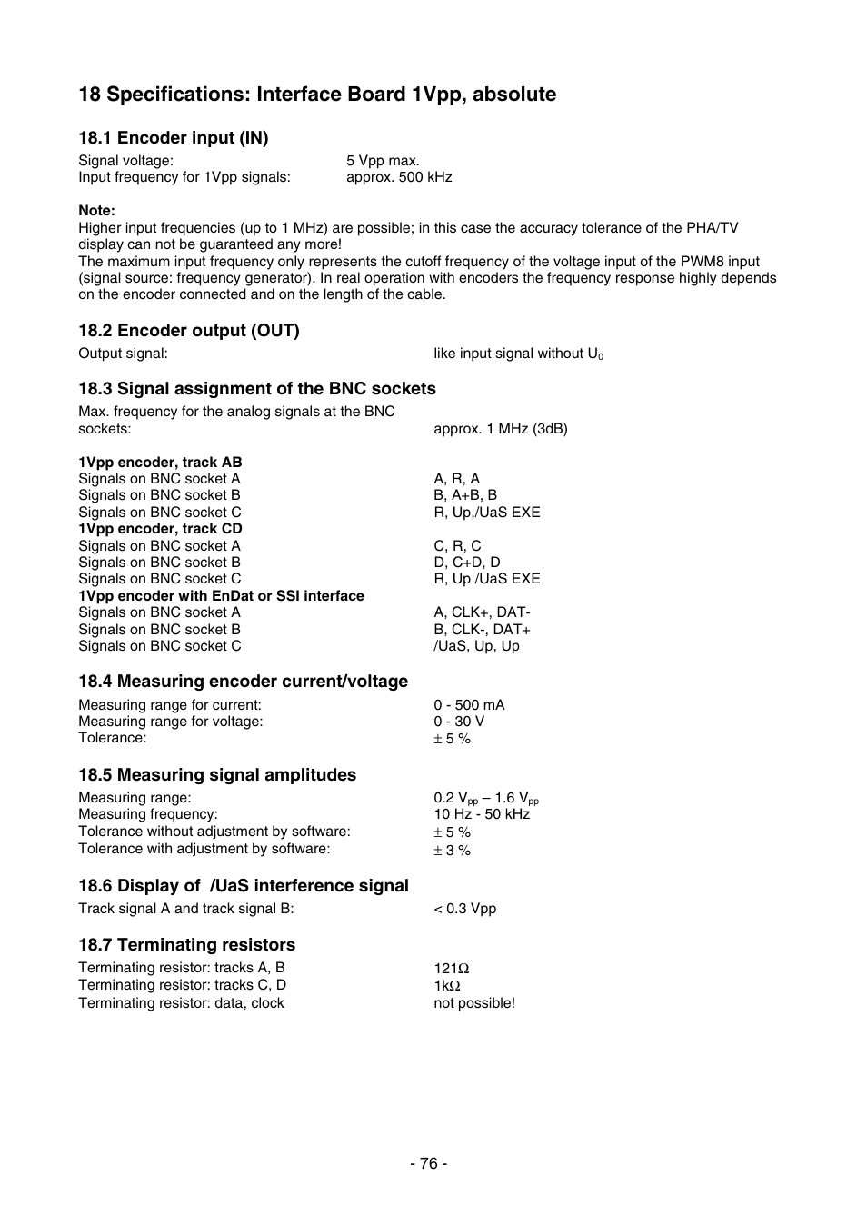 18 specifications: interface board 1vpp, absolute, 1 encoder input (in), 2 encoder output (out) | 3 signal assignment of the bnc sockets, 4 measuring encoder current/voltage, 5 measuring signal amplitudes, 6 display of /uas interference signal, 7 terminating resistors | HEIDENHAIN PWM 8 User Manual | Page 76 / 90