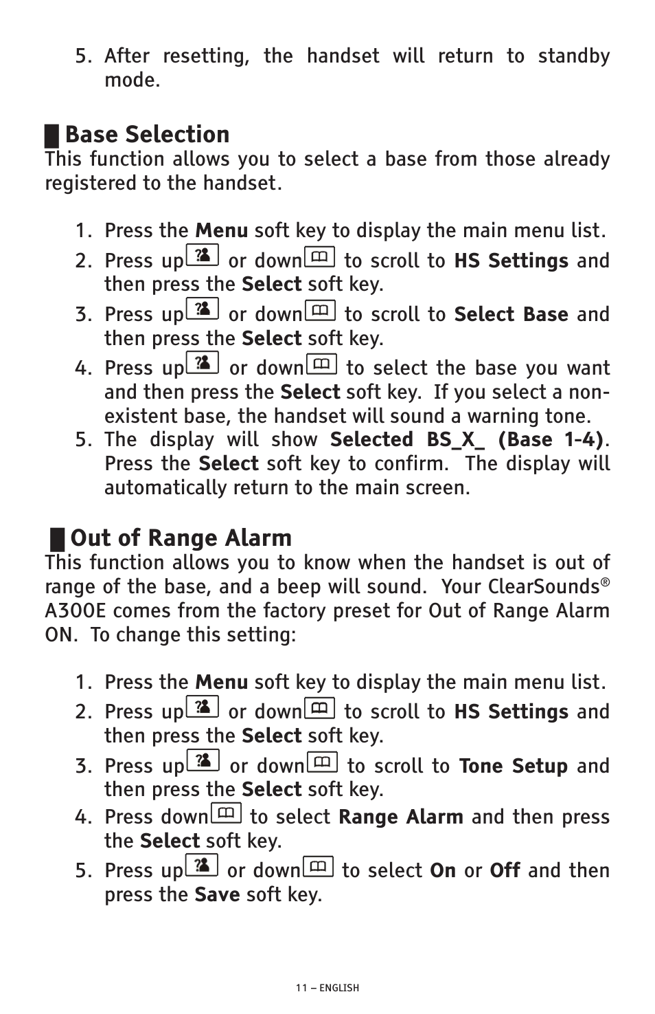 Base selection, Out of range alarm | ClearSounds A300E User Manual | Page 11 / 60