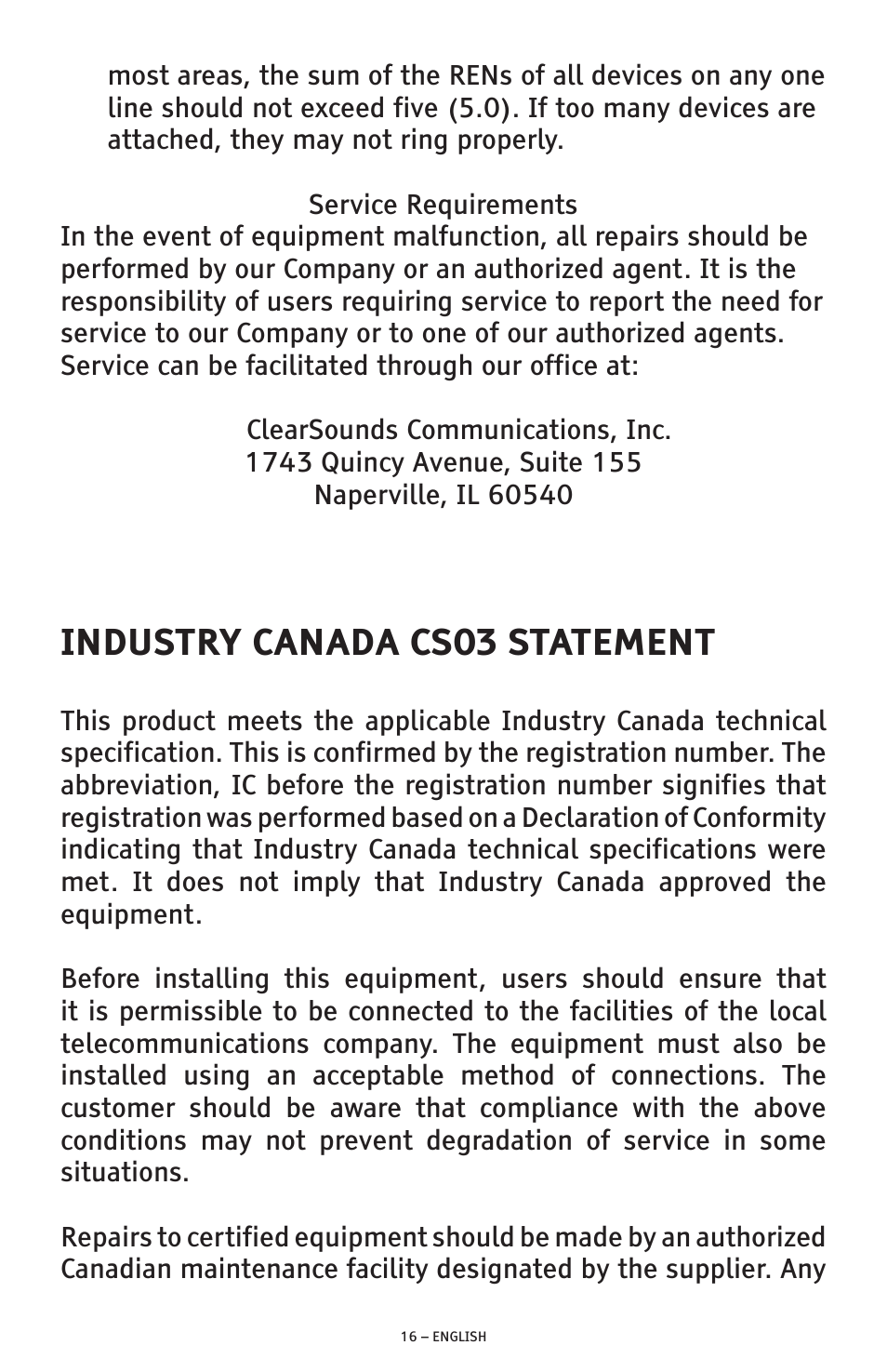 Industry canada cs03 statement | ClearSounds A300E User Manual | Page 16 / 60