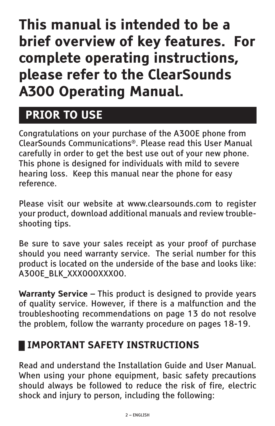 Prior to use, Important safety instructions | ClearSounds A300E User Manual | Page 2 / 60