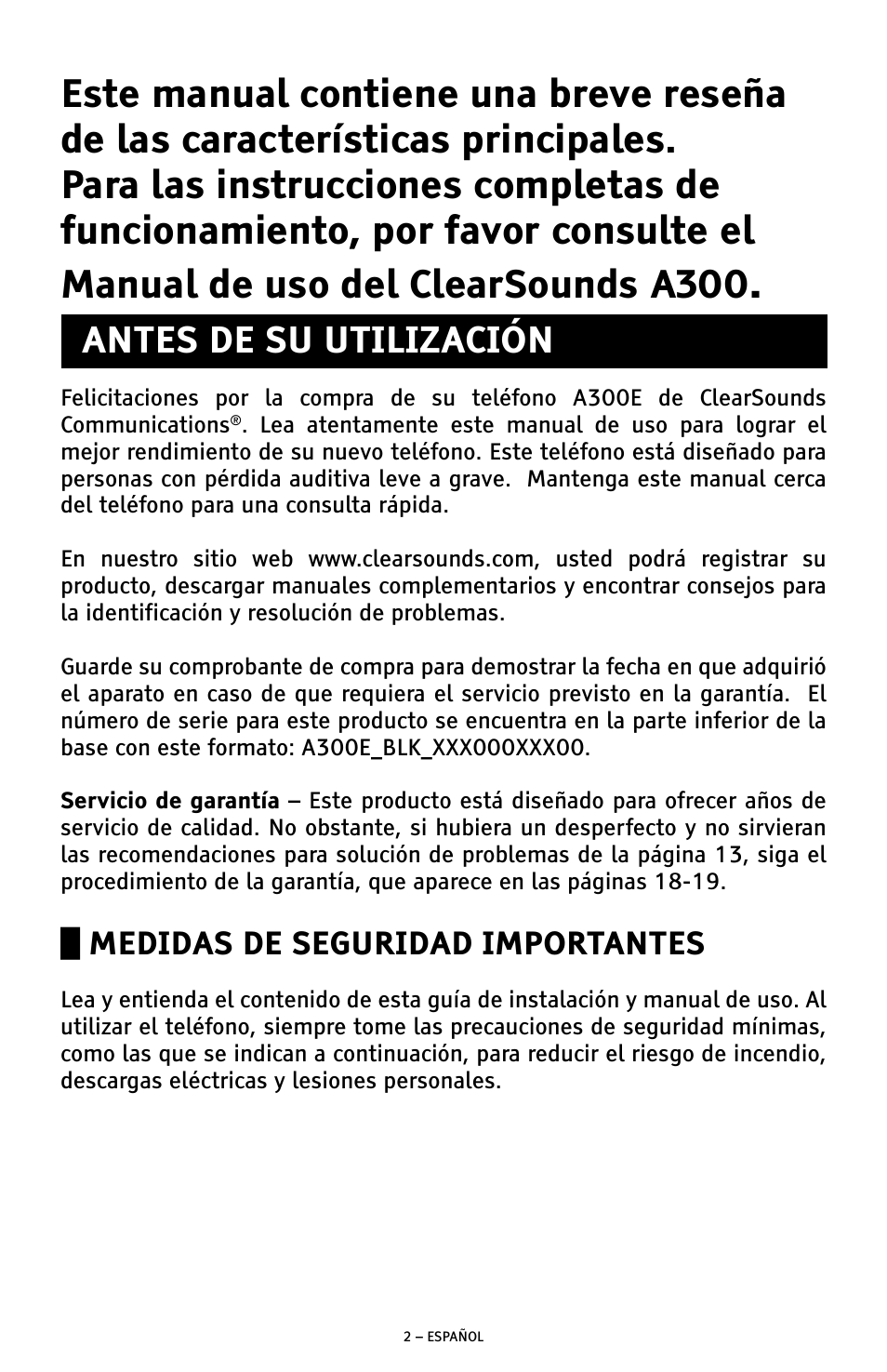 Antes de su utilización, Medidas de seguridad importantes | ClearSounds A300E User Manual | Page 22 / 60