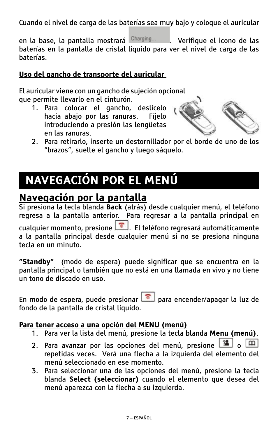 Navegación por el menú, Navegación por la pantalla | ClearSounds A300E User Manual | Page 27 / 60