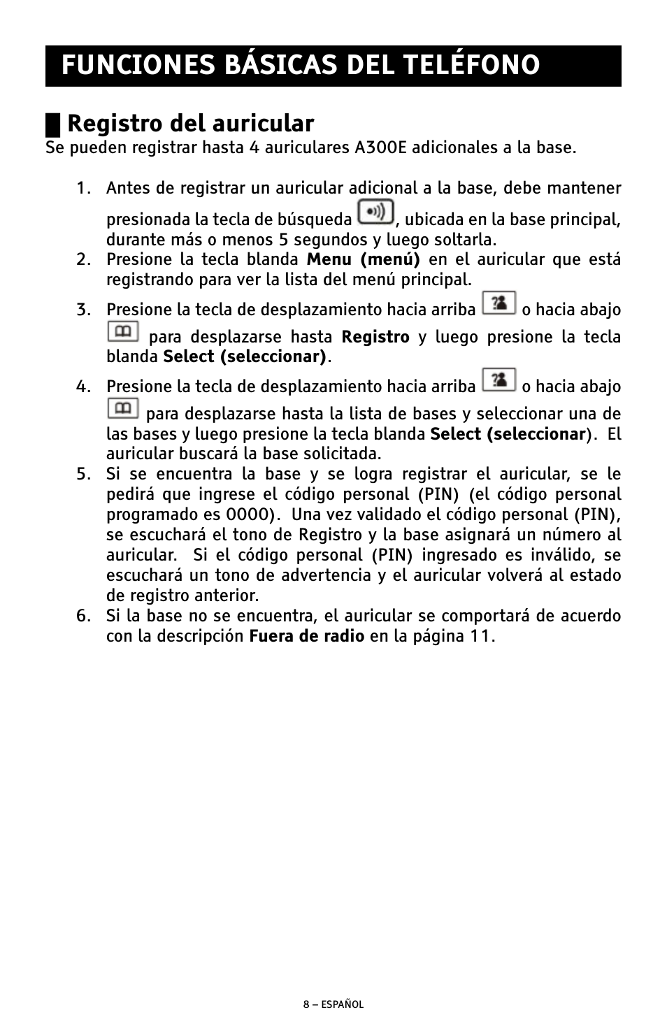 Funciones básicas del teléfono, Registro del auricular | ClearSounds A300E User Manual | Page 28 / 60