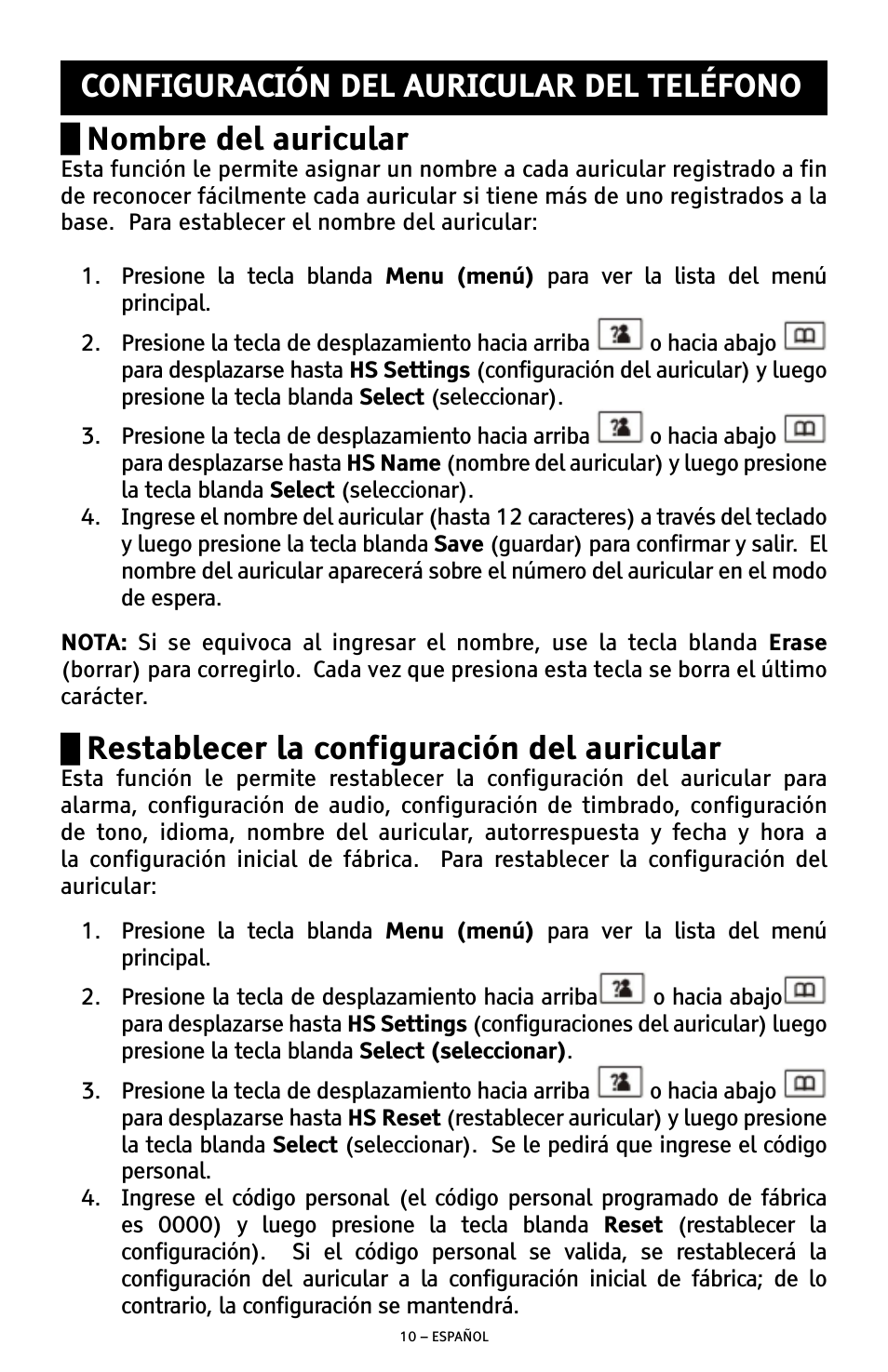 Nombre del auricular, Restablecer la configuración del auricular, Configuración del auricular del teléfono | ClearSounds A300E User Manual | Page 30 / 60