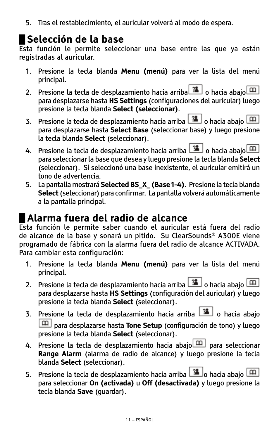 Selección de la base, Alarma fuera del radio de alcance | ClearSounds A300E User Manual | Page 31 / 60