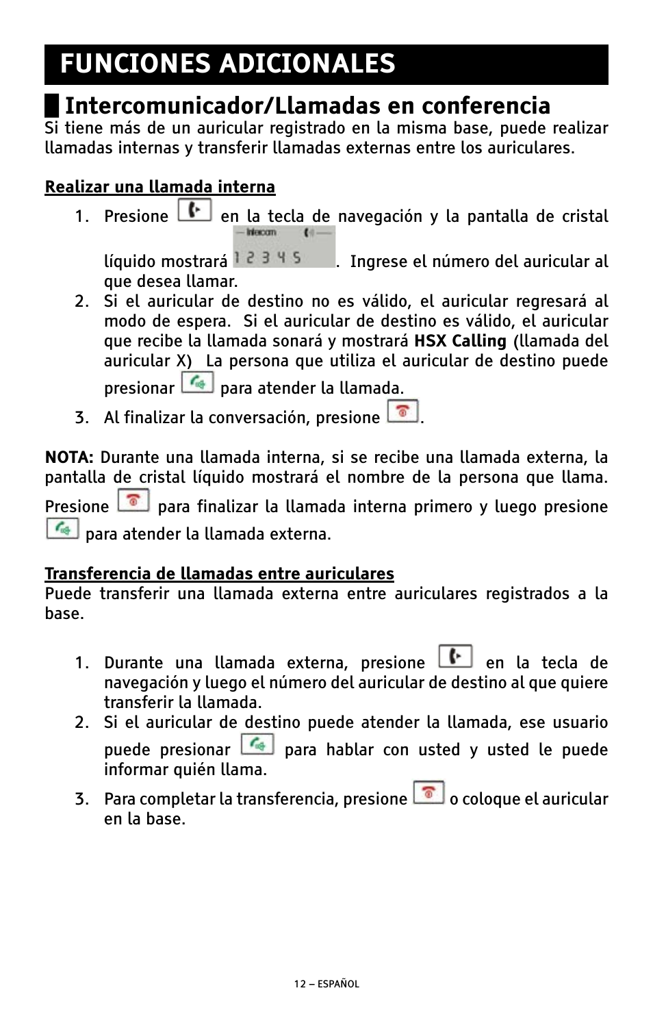 Funciones adicionales, Intercomunicador/llamadas en conferencia | ClearSounds A300E User Manual | Page 32 / 60