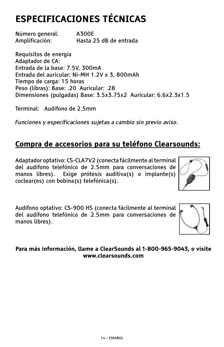 Especificaciones técnicas, Compra de accesorios para su teléfono clearsounds | ClearSounds A300E User Manual | Page 34 / 60