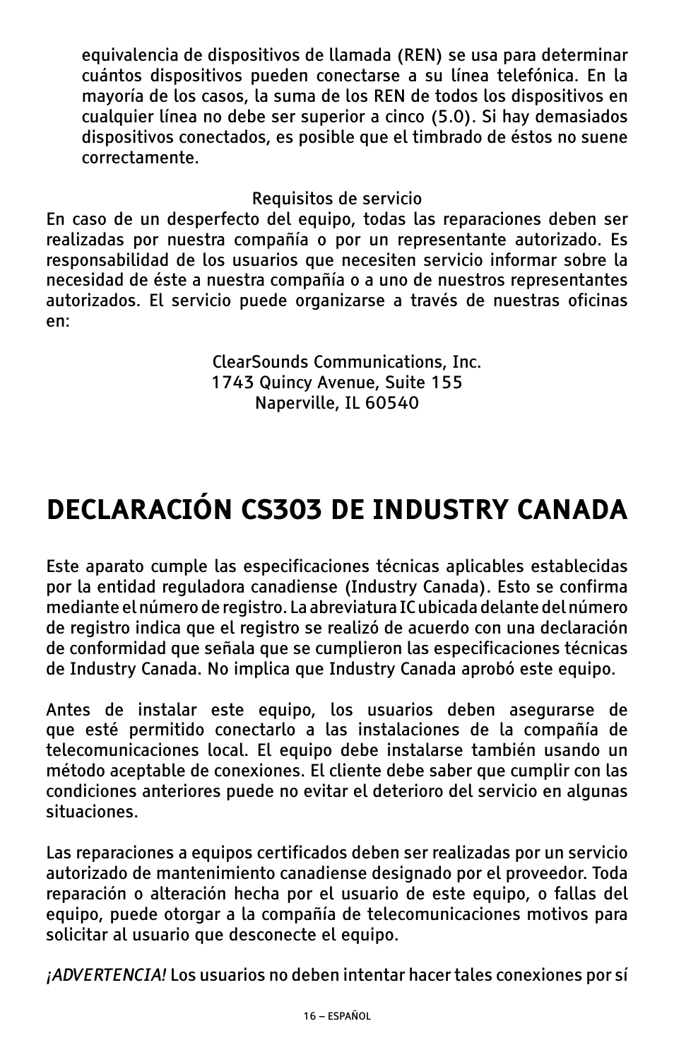 Declaración cs303 de industry canada | ClearSounds A300E User Manual | Page 36 / 60