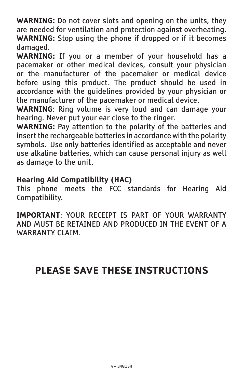 Please save these instructions | ClearSounds A300E User Manual | Page 4 / 60