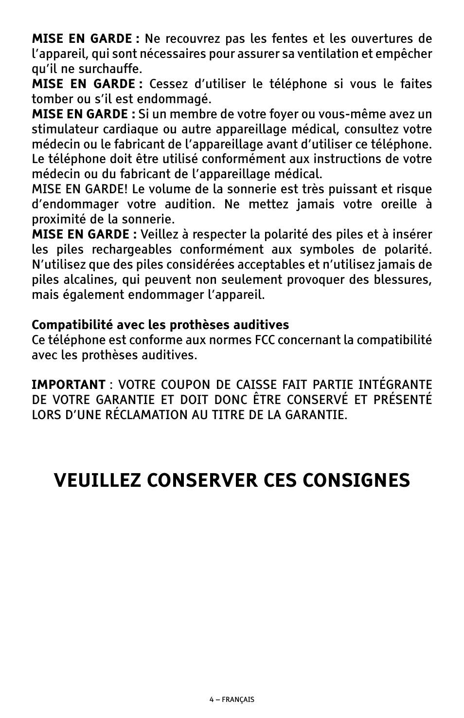 Veuillez conserver ces consignes | ClearSounds A300E User Manual | Page 44 / 60