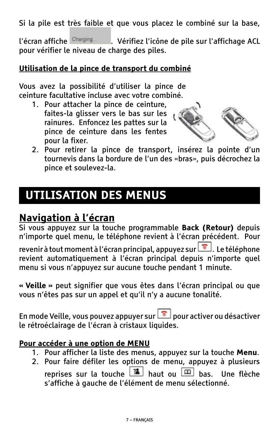 Utilisation des menus, Navigation à l’écran | ClearSounds A300E User Manual | Page 47 / 60