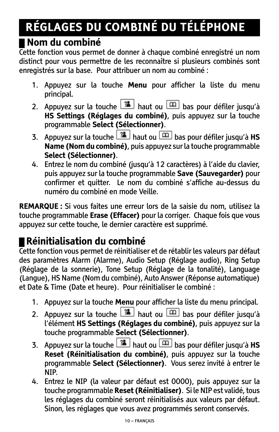 Réglages du combiné du téléphone, Nom du combiné, Réinitialisation du combiné | ClearSounds A300E User Manual | Page 50 / 60