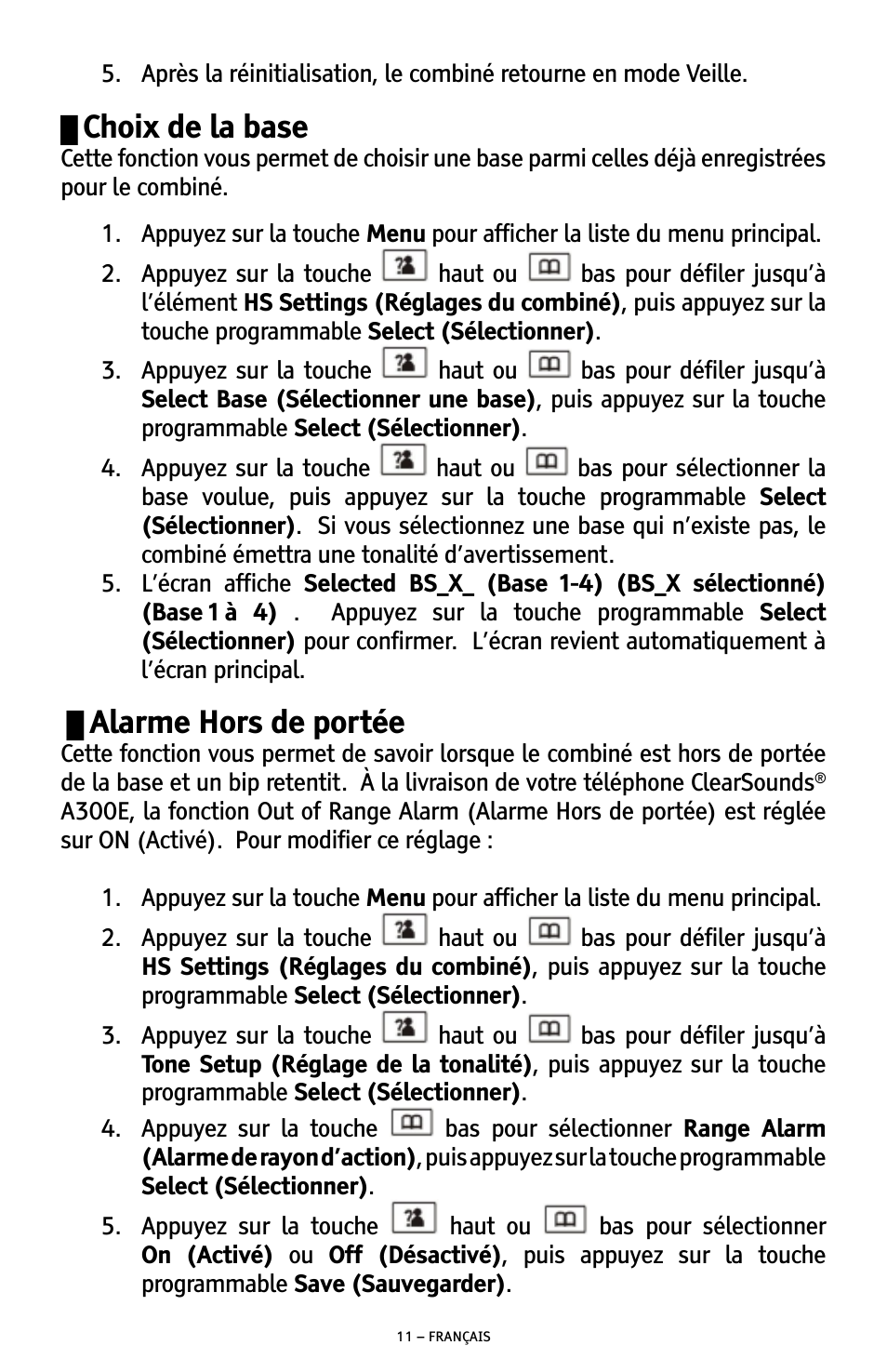 Choix de la base, Alarme hors de portée | ClearSounds A300E User Manual | Page 51 / 60