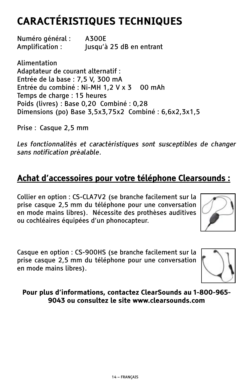 Caractéristiques techniques | ClearSounds A300E User Manual | Page 54 / 60