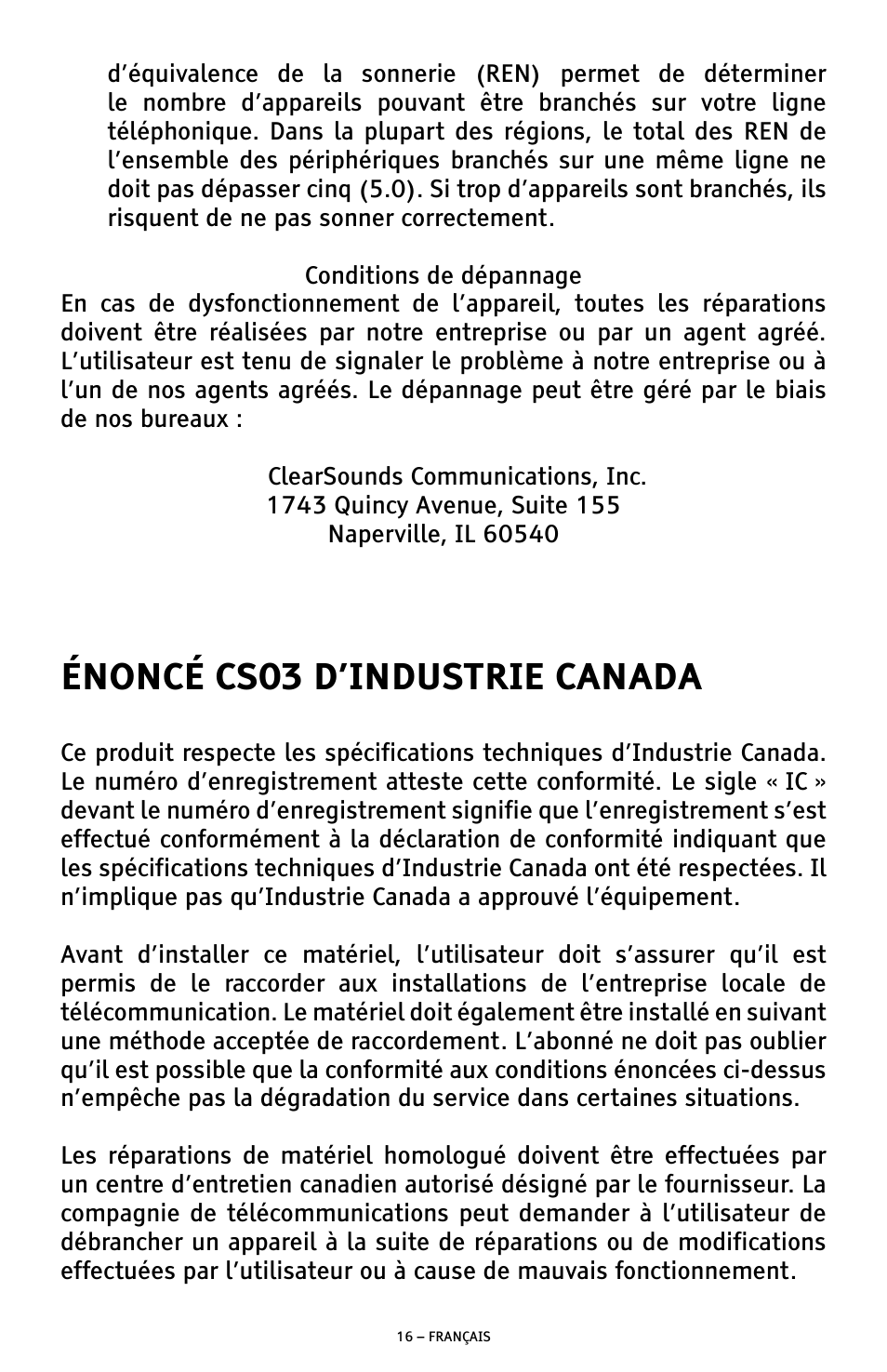 Énoncé cs03 d’industrie canada | ClearSounds A300E User Manual | Page 56 / 60