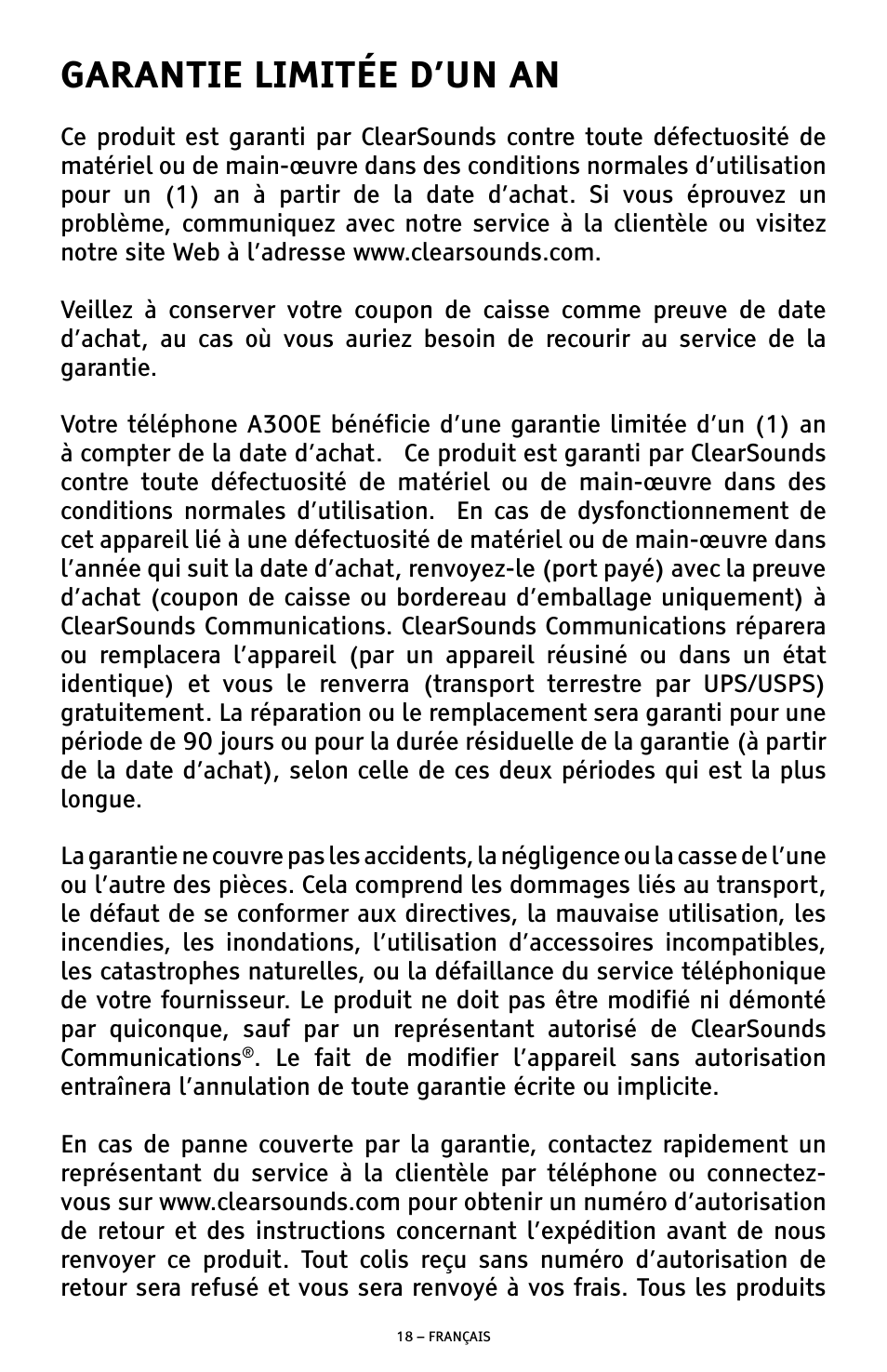 Garantie limitée d’un an | ClearSounds A300E User Manual | Page 58 / 60