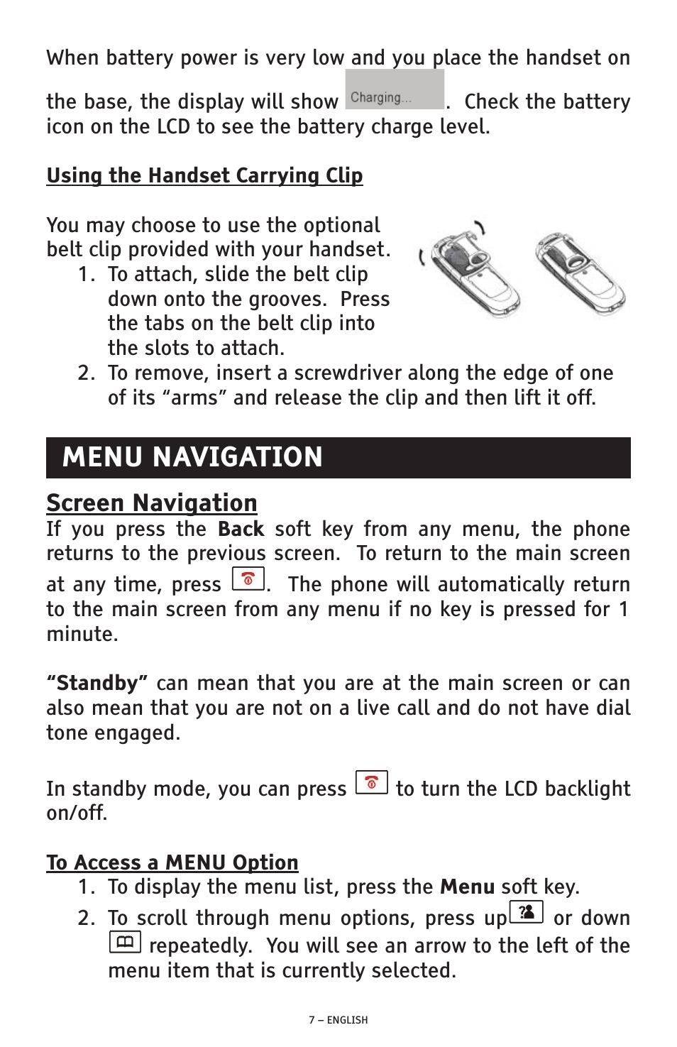 Menu navigation, Screen navigation | ClearSounds A300E User Manual | Page 7 / 60