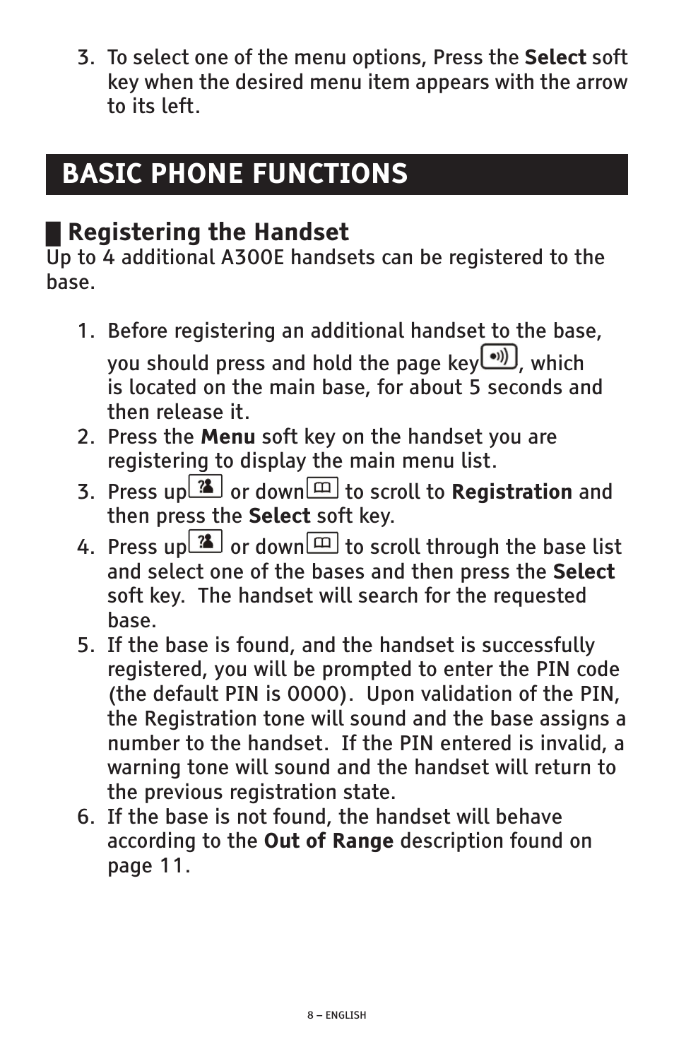 Basic phone functions, Registering the handset | ClearSounds A300E User Manual | Page 8 / 60