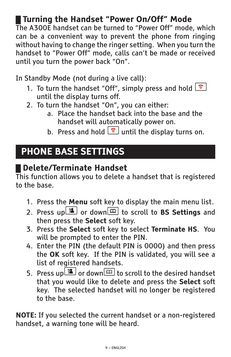 Phone base settings, Turning the handset “power on/off” mode, Delete/terminate handset | ClearSounds A300E User Manual | Page 9 / 60