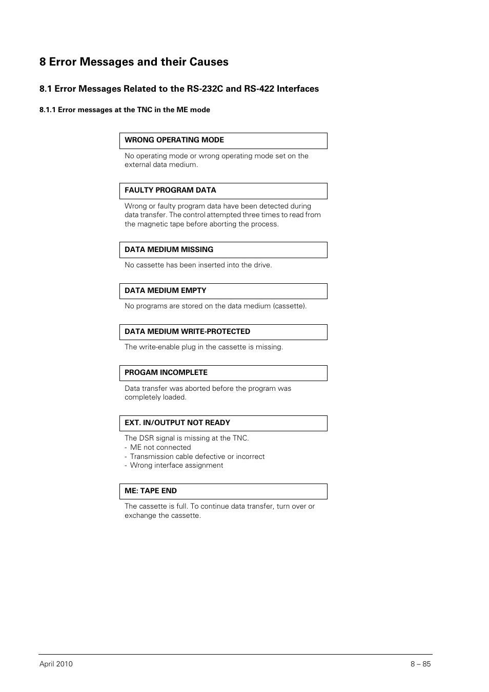 8 error messages and their causes, 1 error messages at the tnc in the me mode, Error messages and their causes | Error messages at the tnc in the me mode | HEIDENHAIN SHB Data Interfaces for HEIDENHAIN User Manual | Page 84 / 100