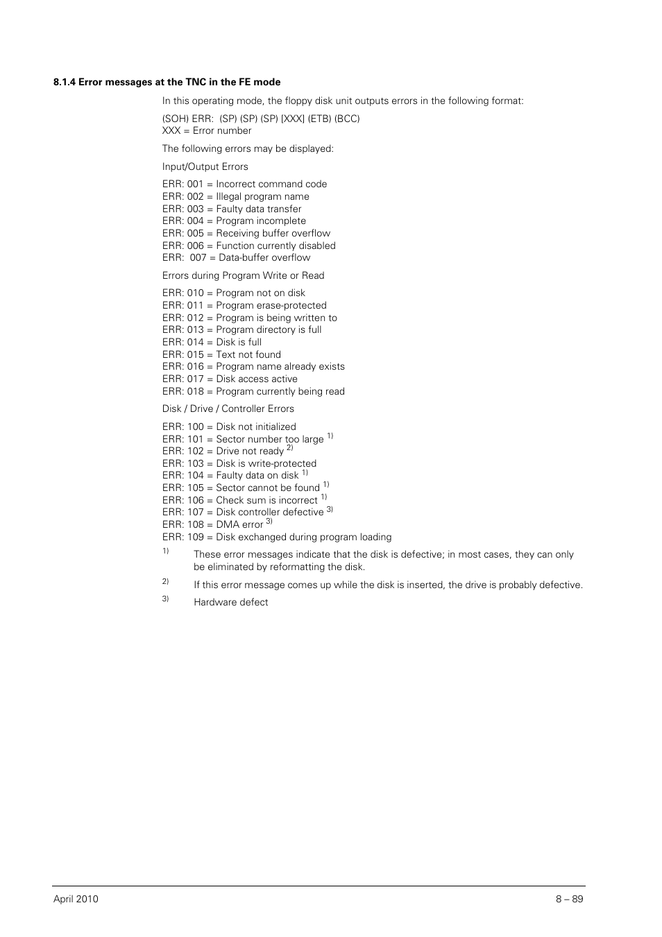 4 error messages at the tnc in the fe mode, Error messages at the tnc in the fe mode | HEIDENHAIN SHB Data Interfaces for HEIDENHAIN User Manual | Page 88 / 100