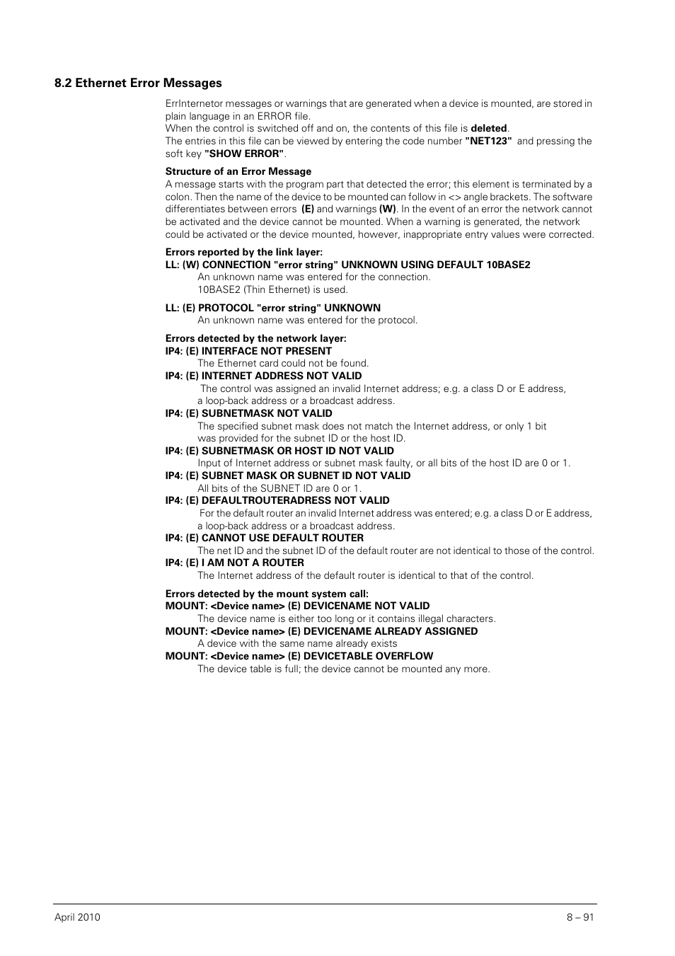 2 ethernet error messages, Ethernet error messages | HEIDENHAIN SHB Data Interfaces for HEIDENHAIN User Manual | Page 90 / 100