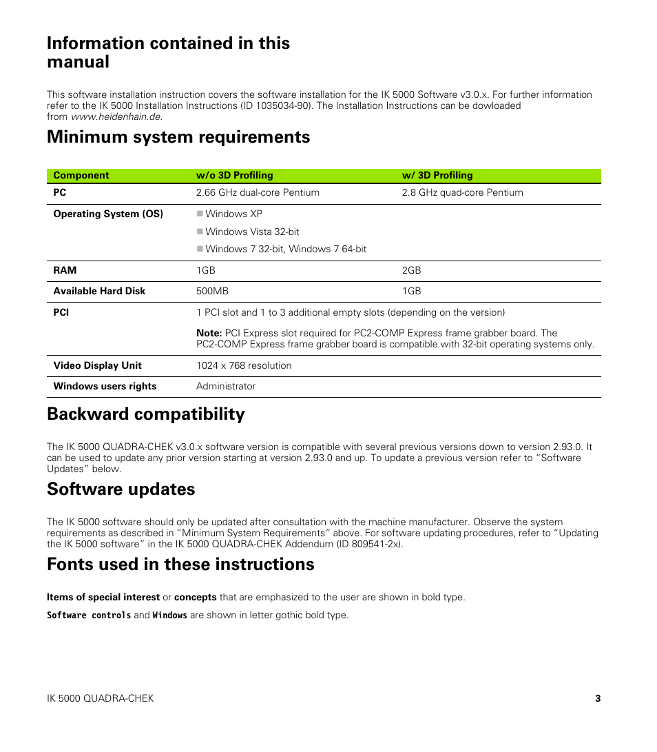 Information contained in this manual, Minimum system requirements, Backward compatibility | Software updates, Fonts used in these instructions, Minimum system requirements backward compatibility | HEIDENHAIN IK 5000 User Manual | Page 3 / 20