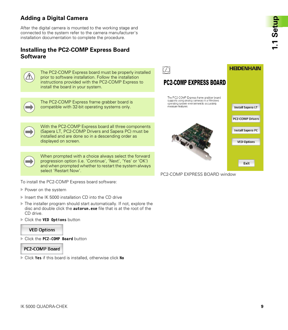 Adding a digital camera, Installing the pc2-comp express board software, 1s e tu p | HEIDENHAIN IK 5000 User Manual | Page 9 / 20