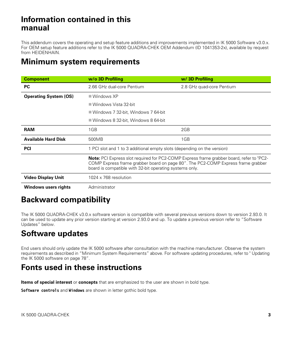 Information contained in this manual, Minimum system requirements, Backward compatibility | Software updates, Fonts used in these instructions, Minimum system requirements backward compatibility | HEIDENHAIN IK 5000 Addendum User Manual | Page 3 / 100