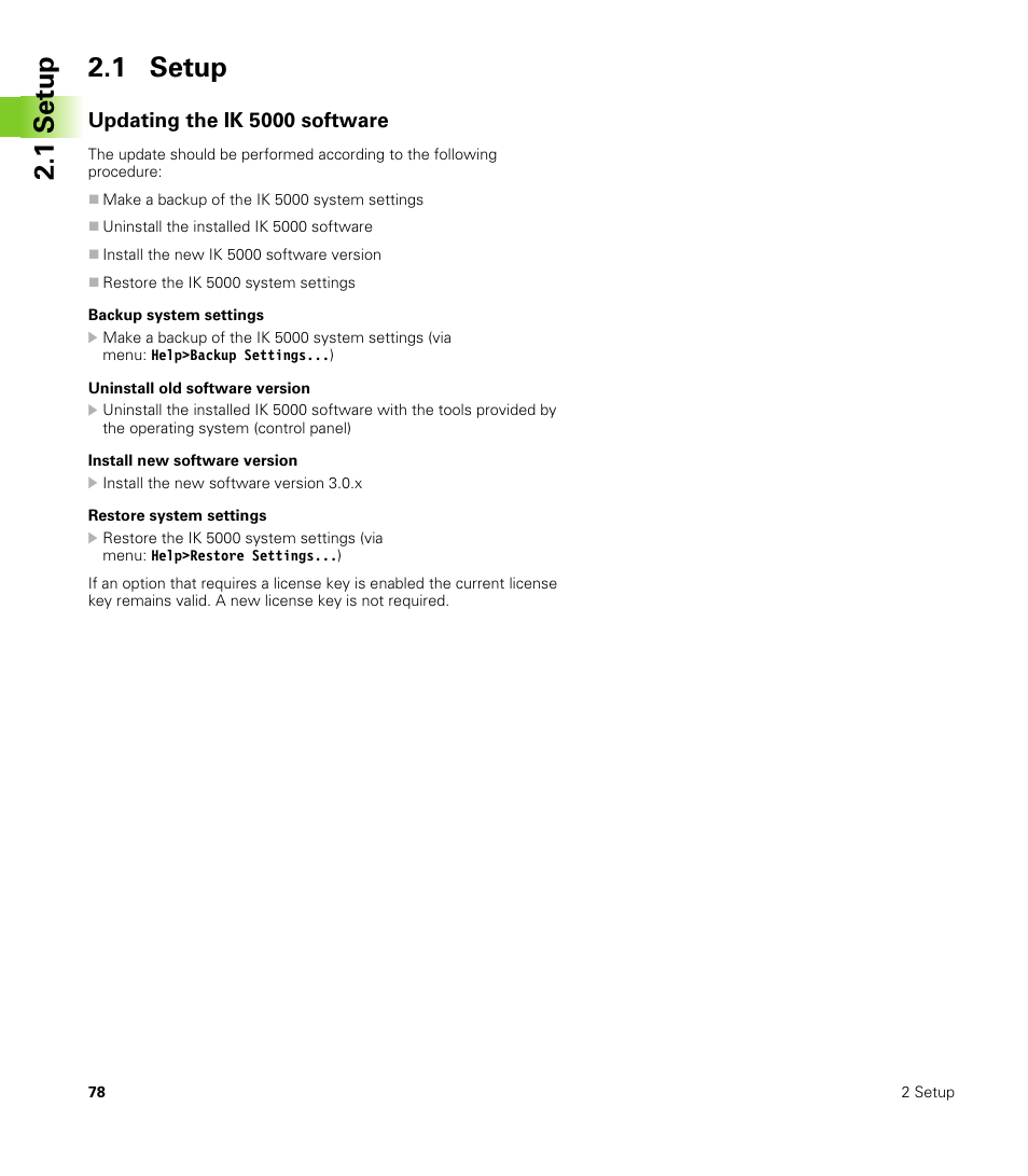 1 setup, Updating the ik 5000 software, 1 set u p 2.1 setup | HEIDENHAIN IK 5000 Addendum User Manual | Page 78 / 100