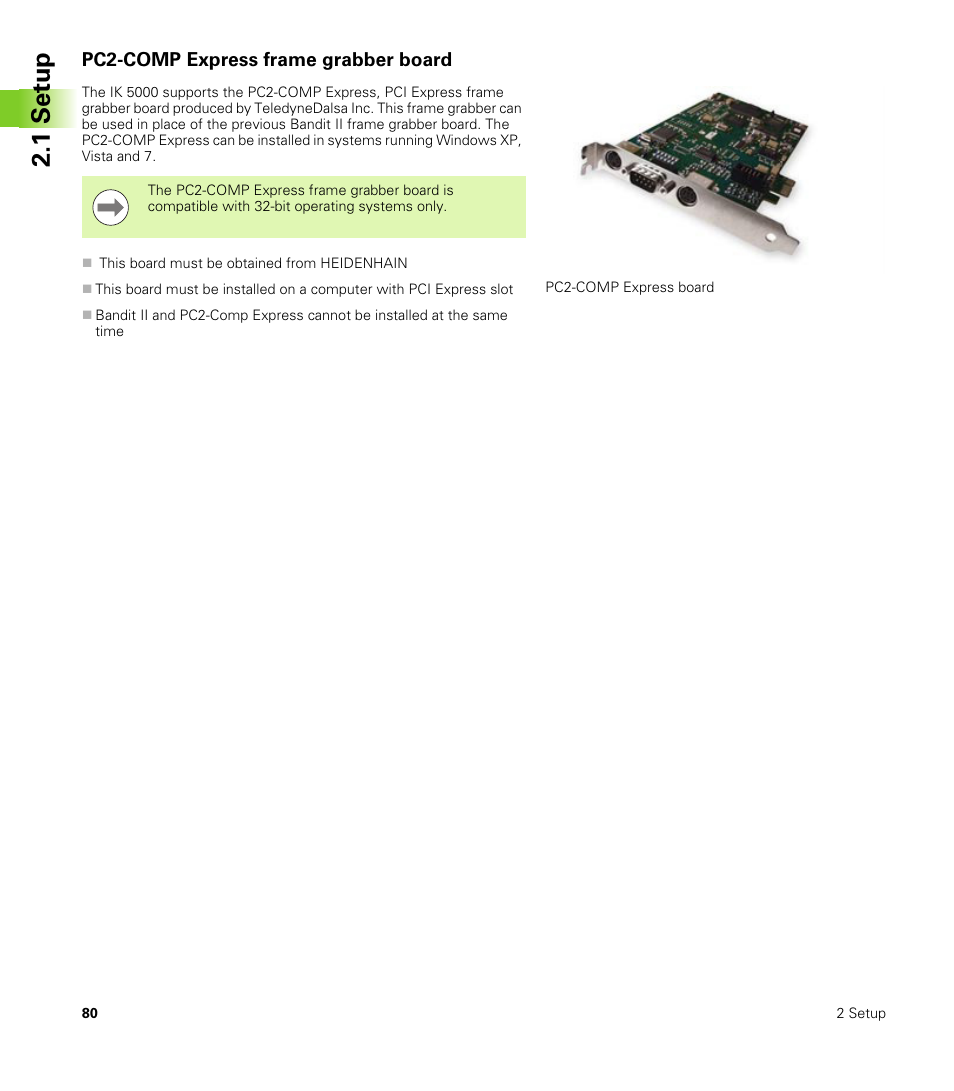 Pc2-comp express frame grabber board, 1 set u p | HEIDENHAIN IK 5000 Addendum User Manual | Page 80 / 100