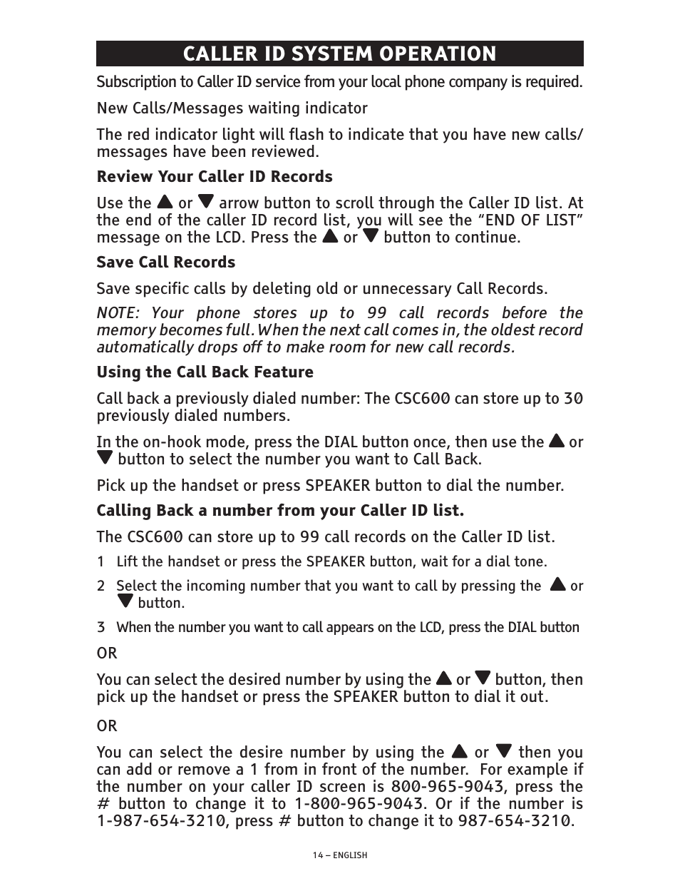 Caller id system operation | ClearSounds CSC600 User Manual | Page 14 / 22