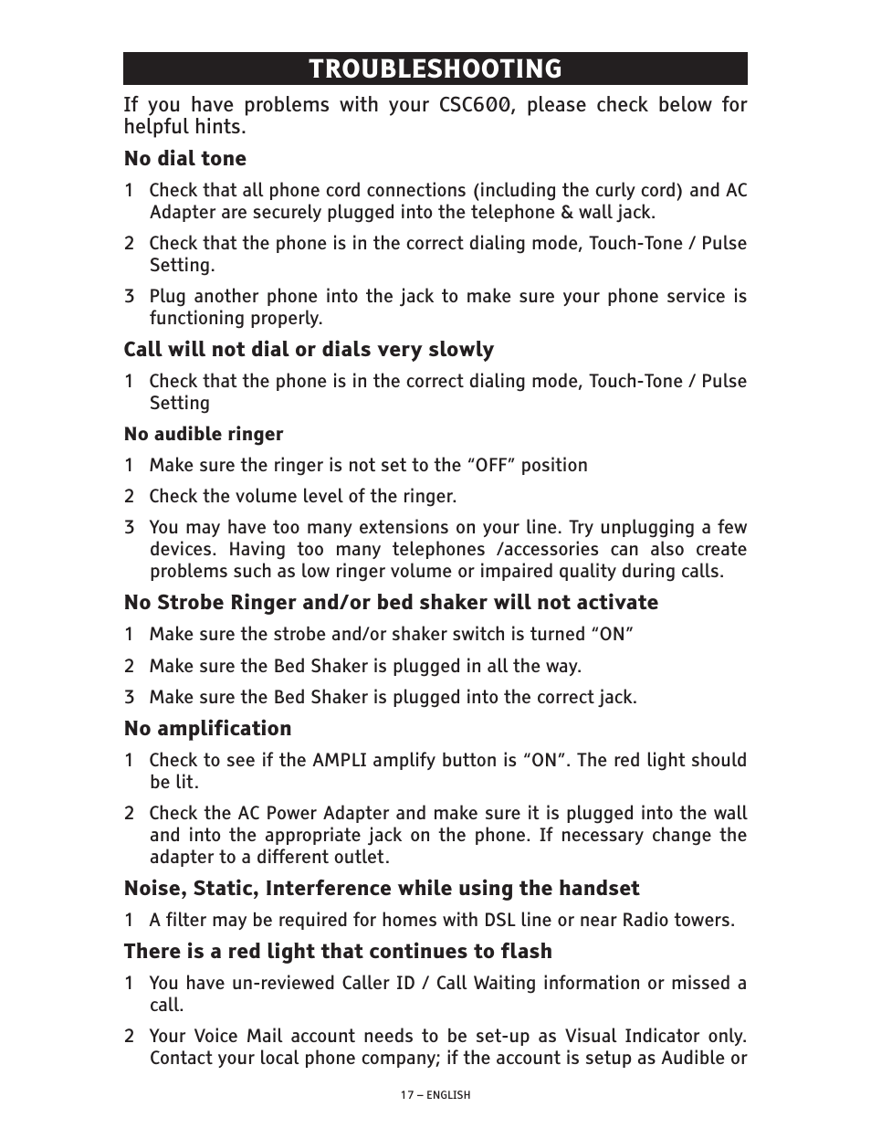 Troubleshooting | ClearSounds CSC600 User Manual | Page 17 / 22