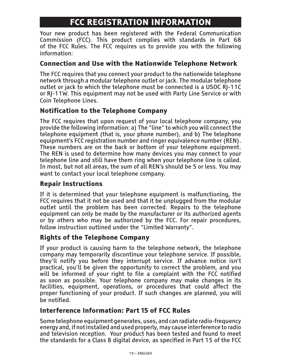 Fcc registration information | ClearSounds CSC600 User Manual | Page 19 / 22