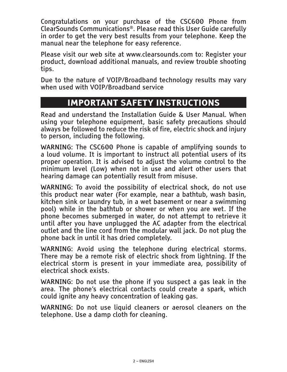 Important safety instructions | ClearSounds CSC600 User Manual | Page 2 / 22