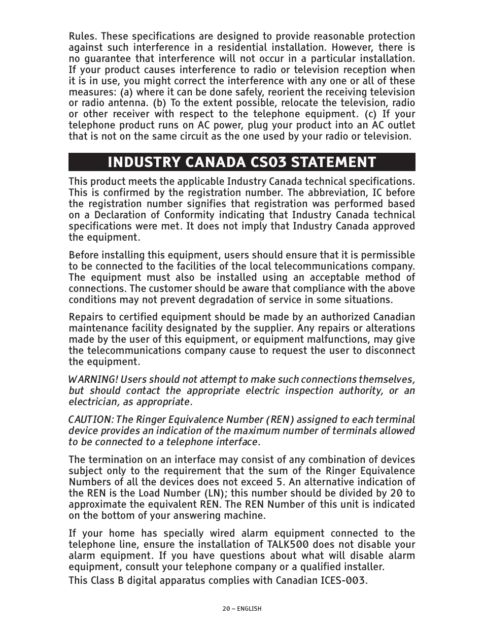 Industry canada cs03 statement | ClearSounds CSC600 User Manual | Page 20 / 22