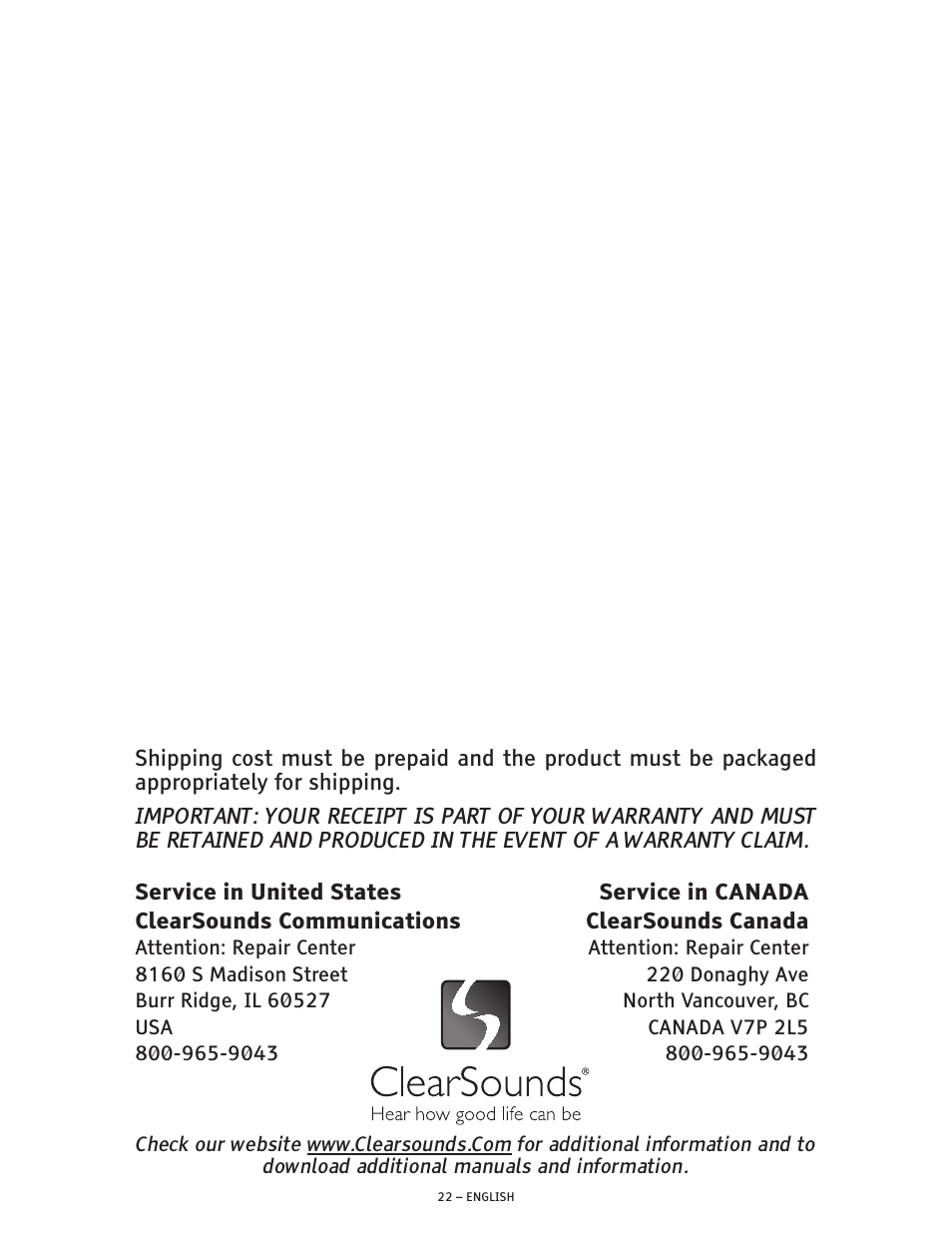 ClearSounds CSC600 User Manual | Page 22 / 22