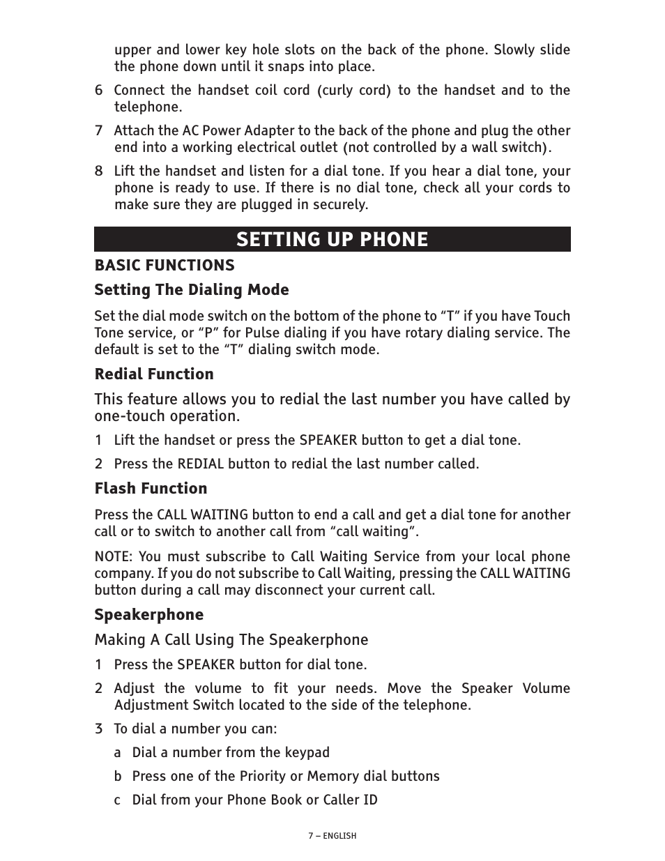 Setting up phone | ClearSounds CSC600 User Manual | Page 7 / 22